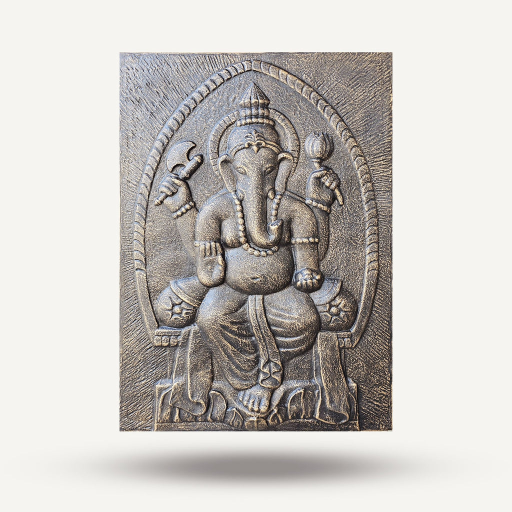 Large Ganpati Iron Frame Antique Gold Relief 0.7x1m Artwork