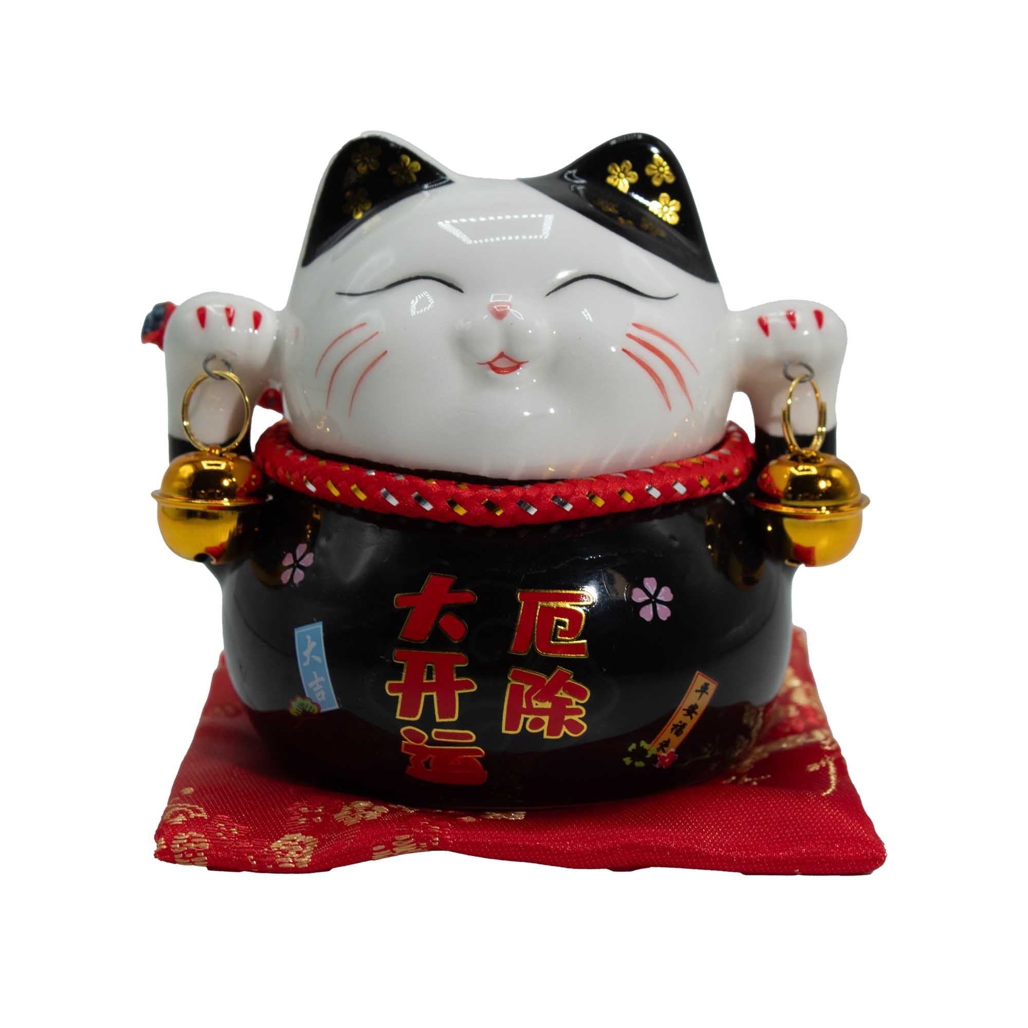 Ceramic Money Cat Bank Black on Cushion for Decorative Display