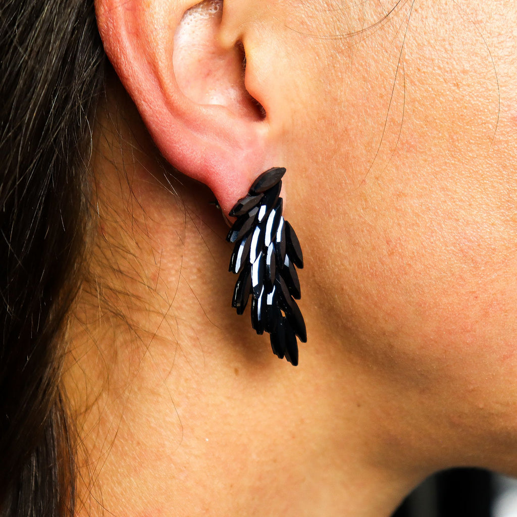 Jet Black Vintage Glass Angel Wings Earrings with Unique Design
