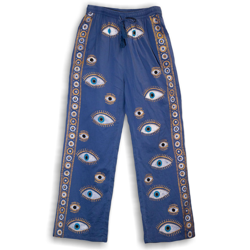 Nomad Sari Lounge Pants in Rich Blue with Gold Evil Eye Design