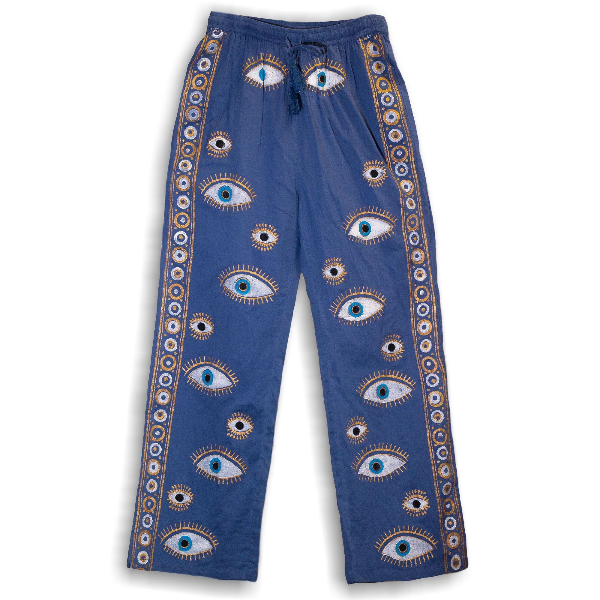 Nomad Sari Lounge Pants in Rich Blue with Gold Evil Eye Design