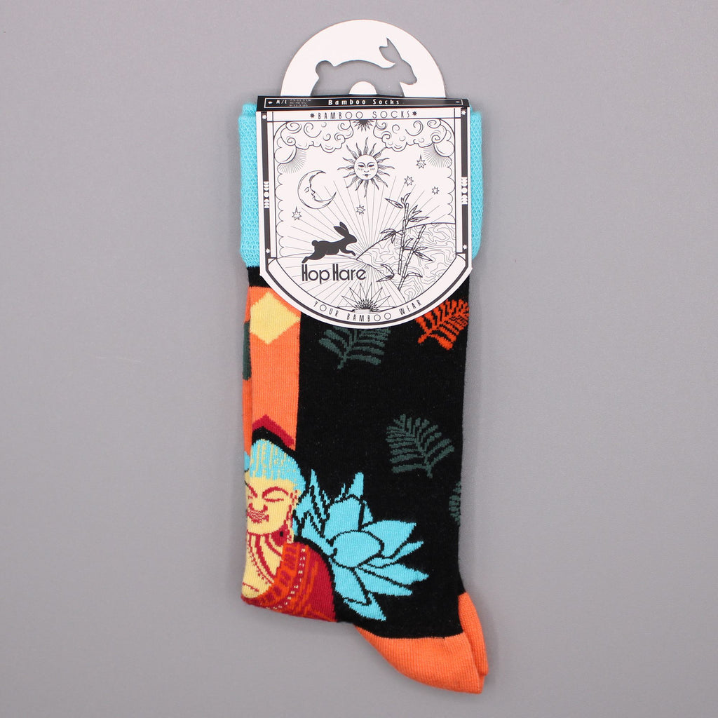 Hop Hare Bamboo Socks S/M Blue Buddha and Lotus Floral Design