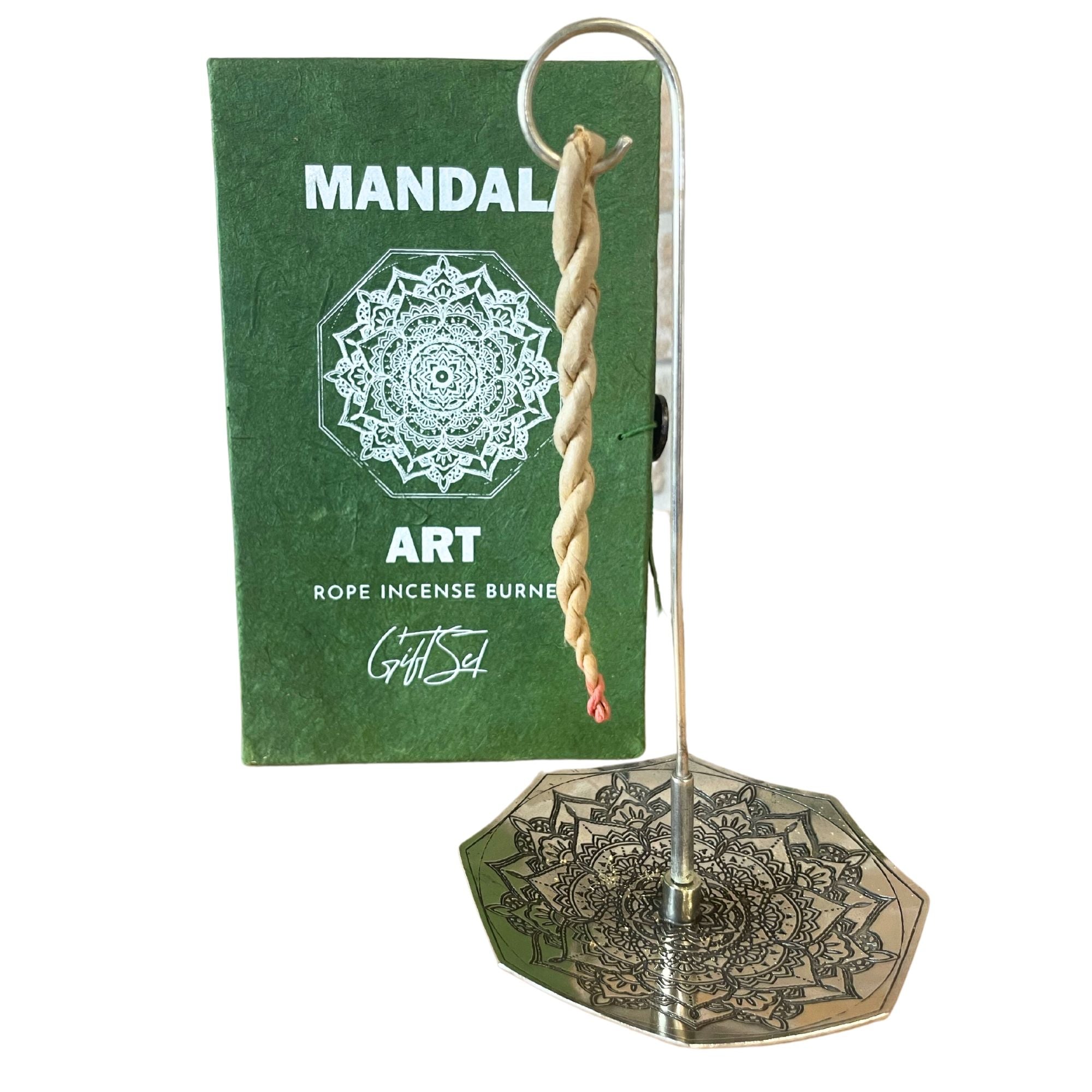 Rope Incense and Silver Plated Holder Set with Mandala Flower Design