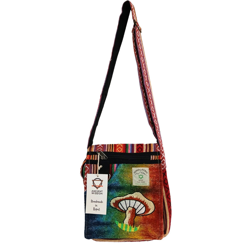 Hemp Embroidery Mushroom Party Bag with Orange Mushroom Design