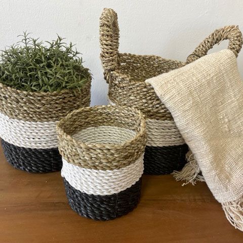 Seagrass Basket Set Dark Grey White Natural for Home Organisation