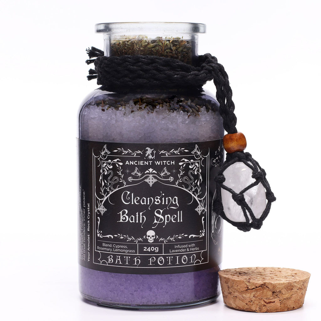 Ancient Witch Bath Spell Potion & Rock Crystal Amulet for Cleansing