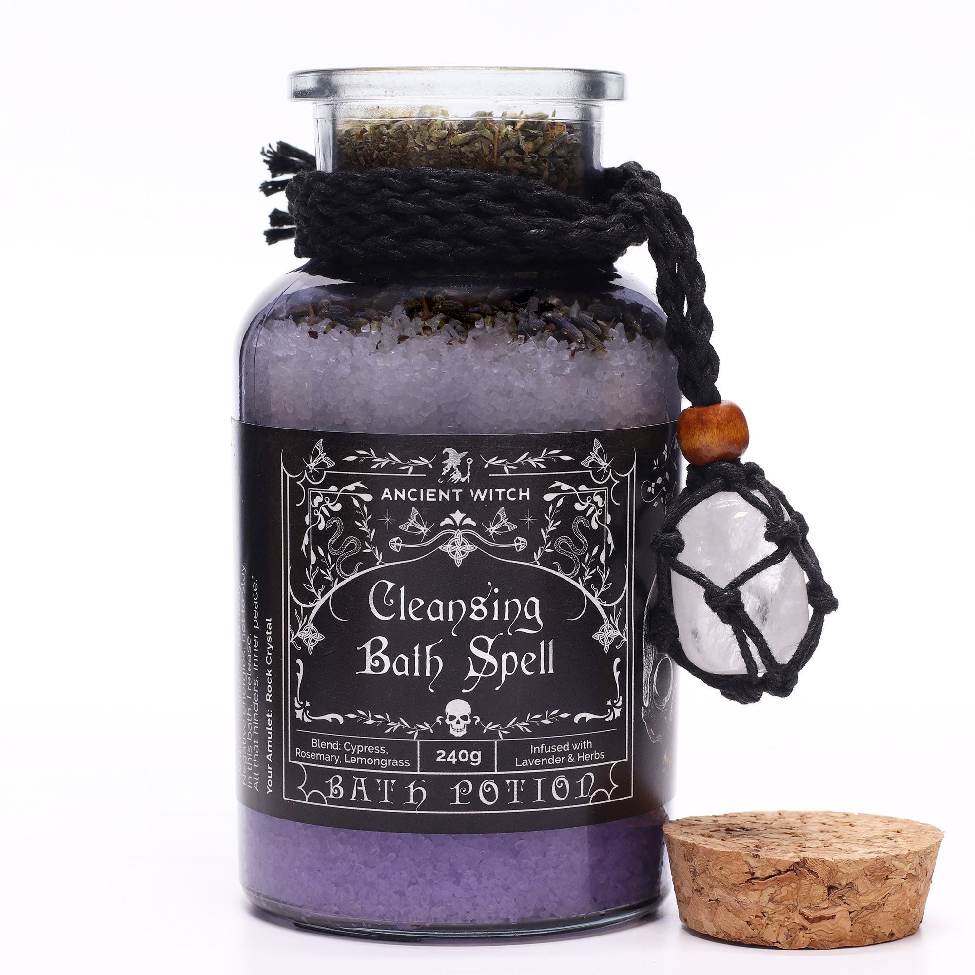 Ancient Witch Bath Spell Potion & Rock Crystal Amulet for Cleansing