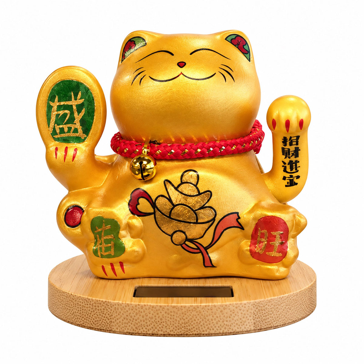 Solar Powered Japanese Lucky Cat on Wooden Base – Gold
