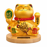 Solar Powered Japanese Lucky Cat on Wooden Base – Gold
