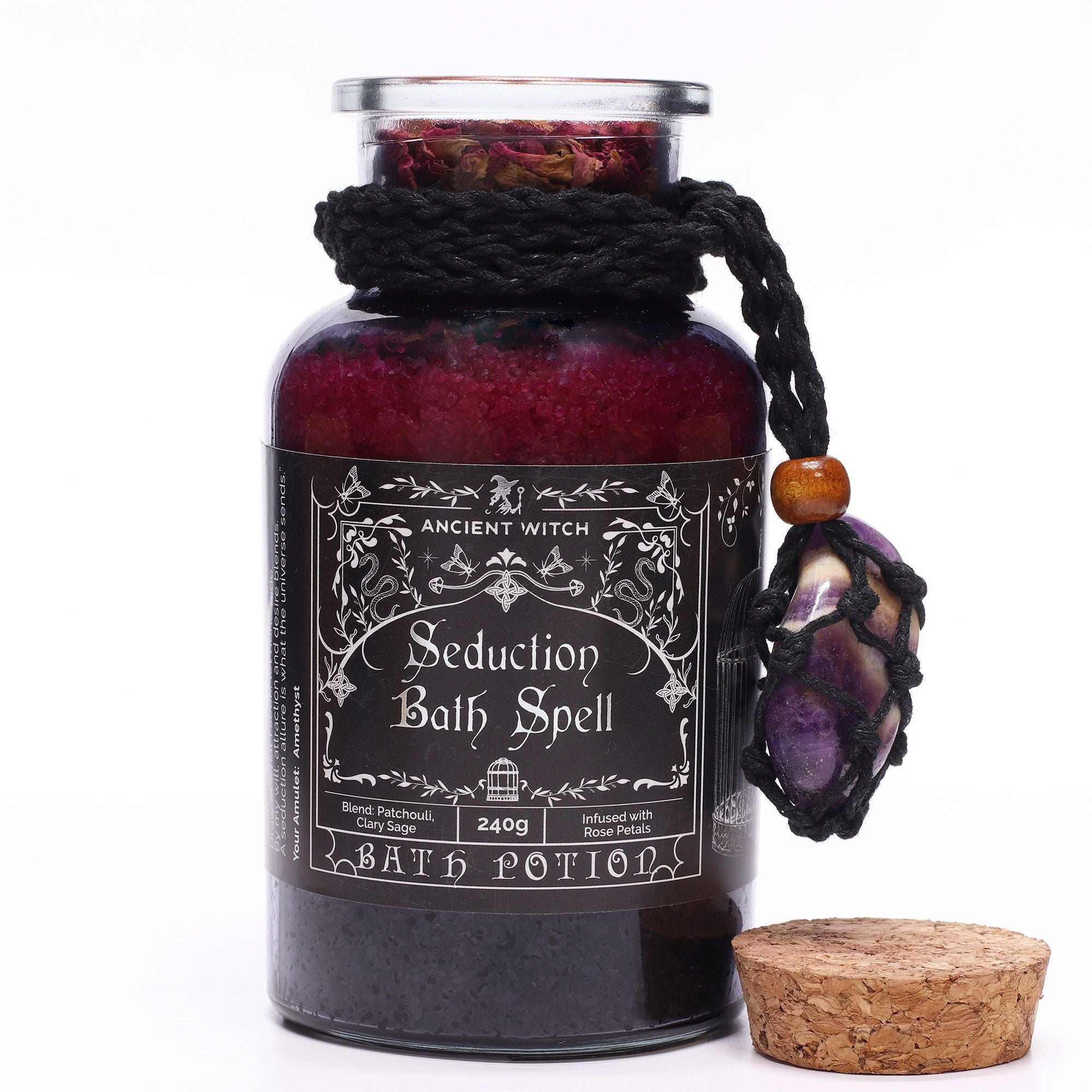 Seduction Bath Spell Potion & Amethyst Crystal Amulet for Rituals