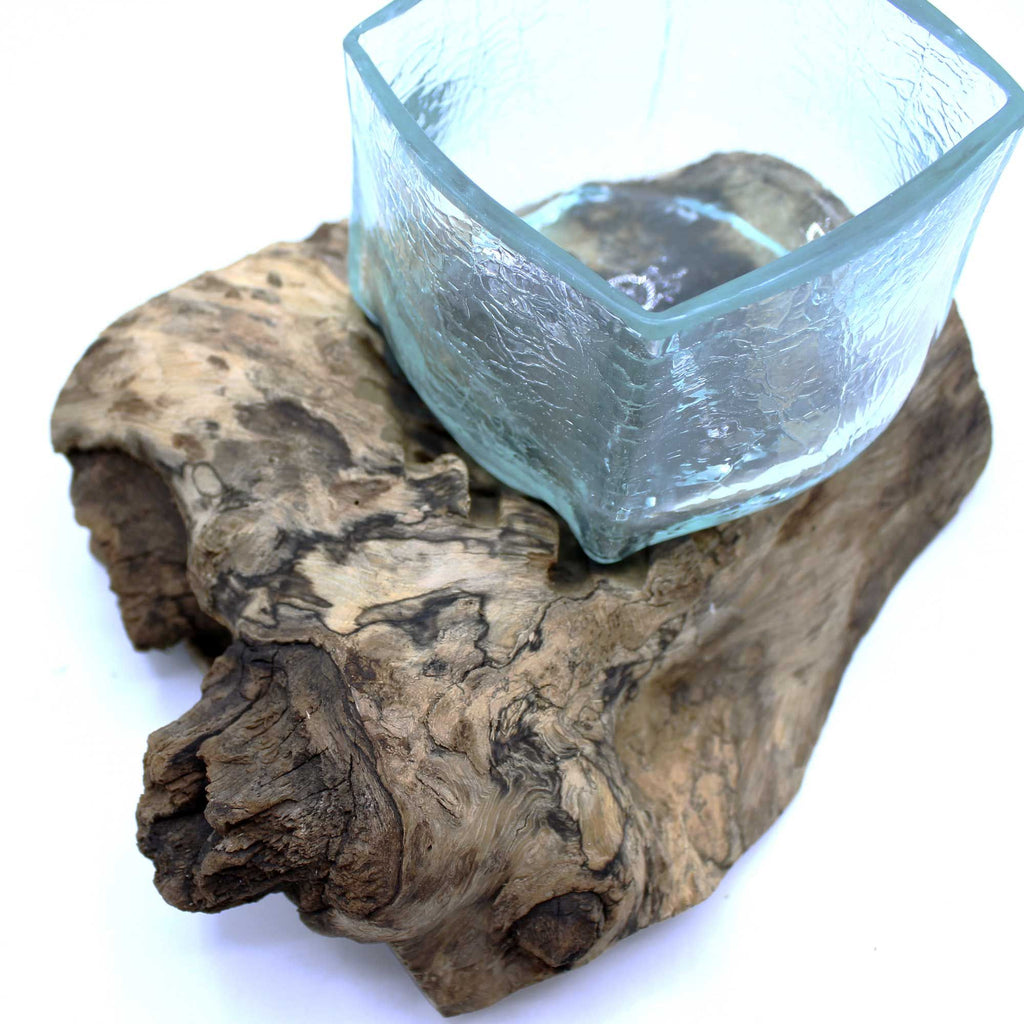 Molten Crackled Glass Tank on Wood for Unique Home Decor Piece