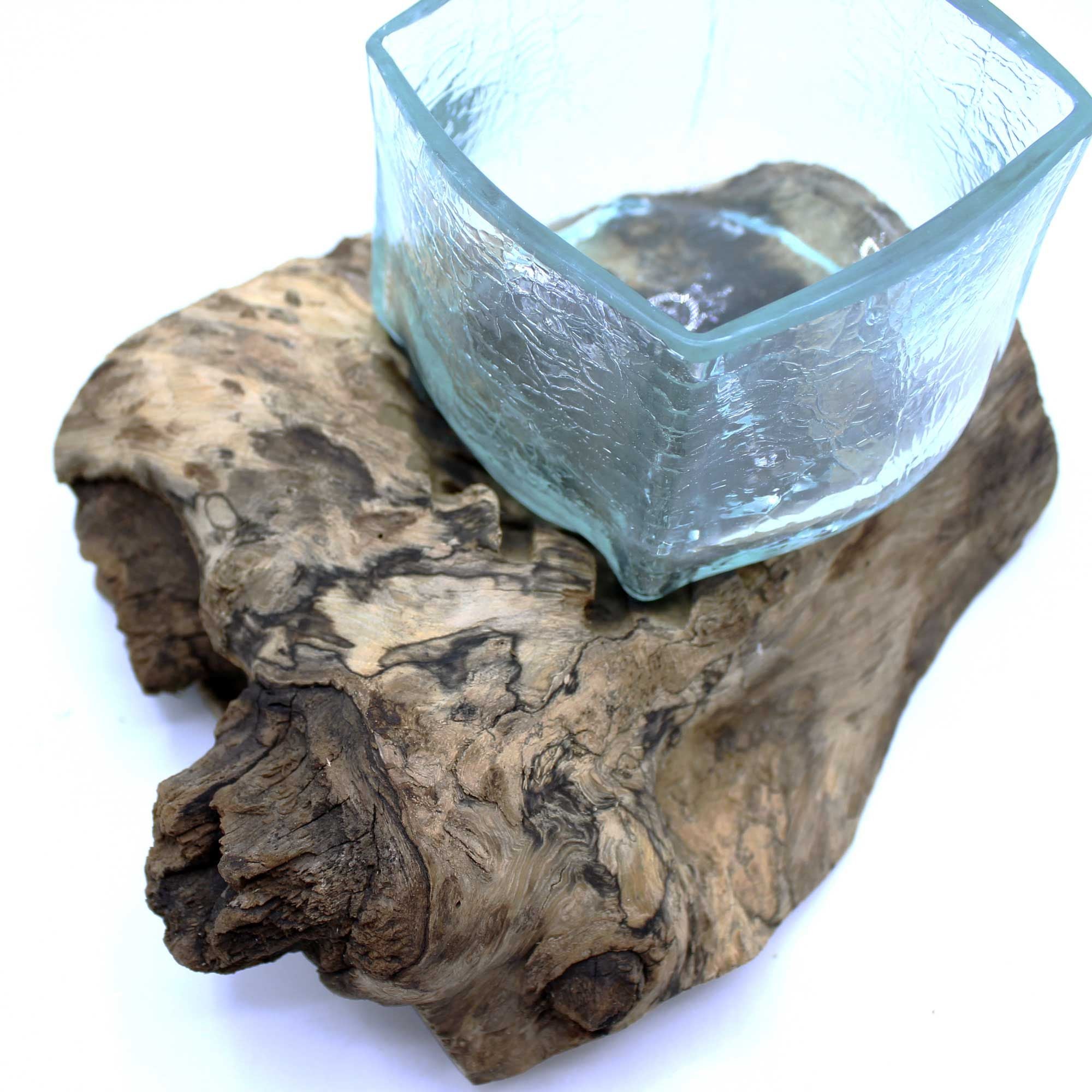 Molten Crackled Glass Tank on Wood for Unique Home Decor Piece