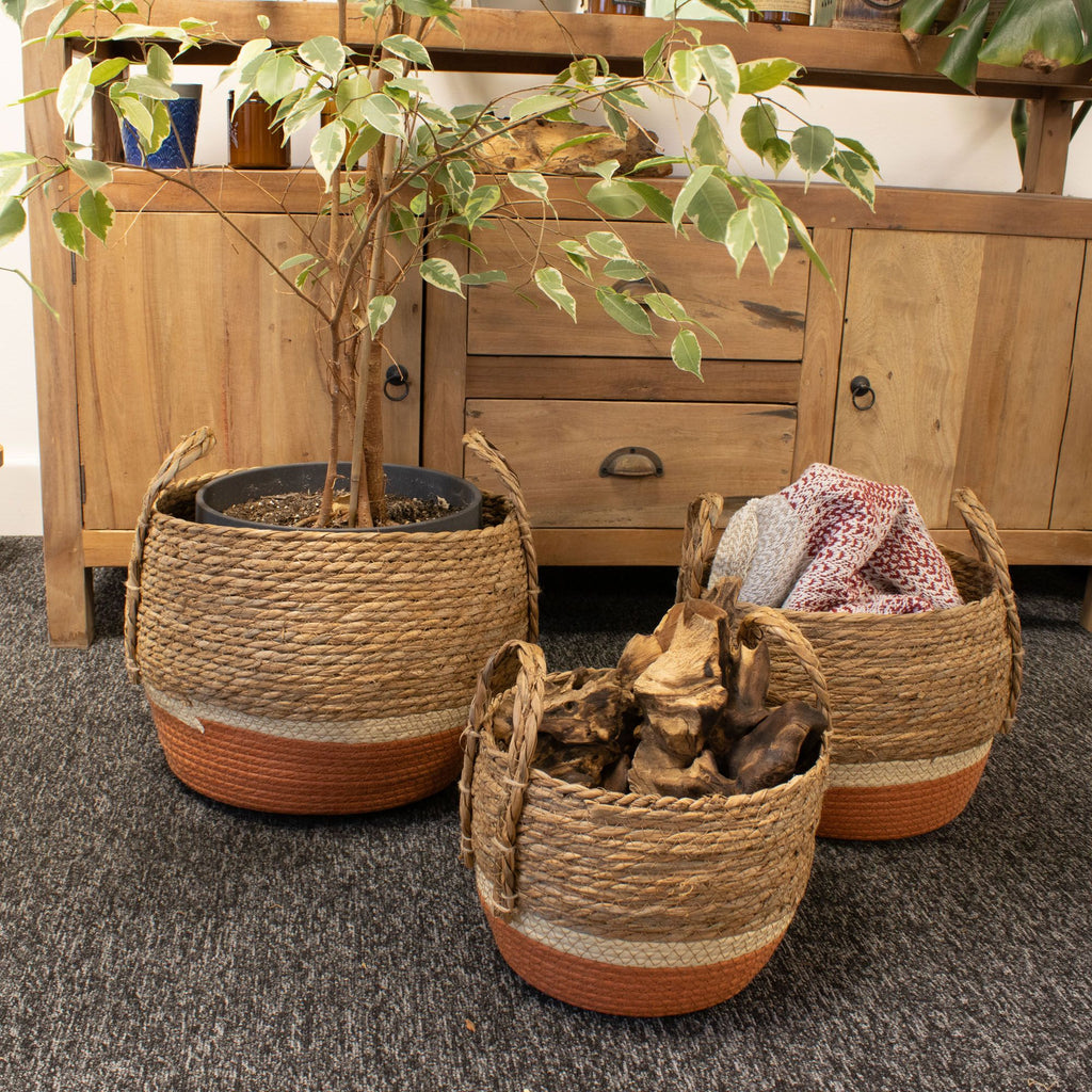 Straw and Seagrass Large Baskets Set of Three in Natural Orange