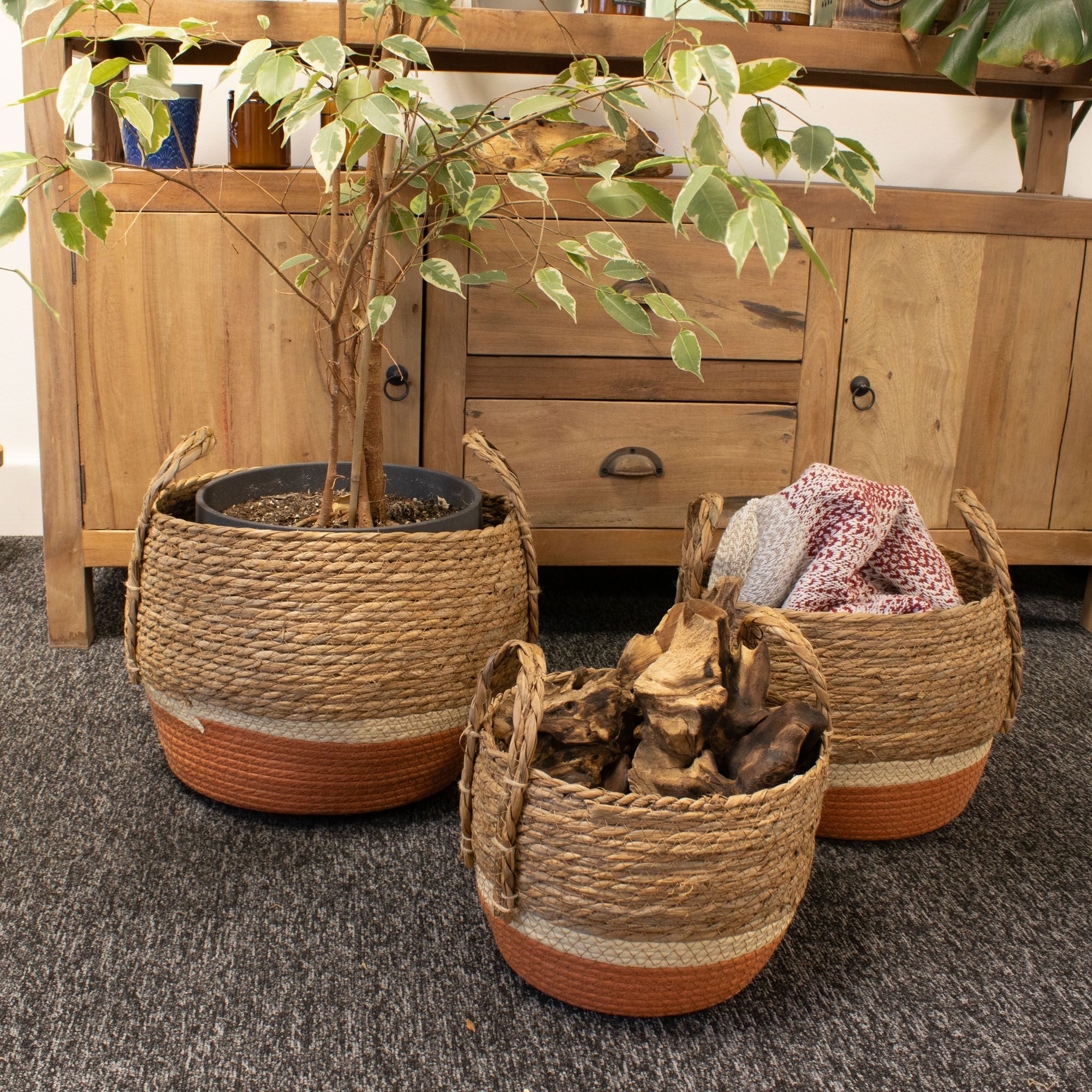 Straw and Seagrass Large Baskets Set of Three in Natural Orange