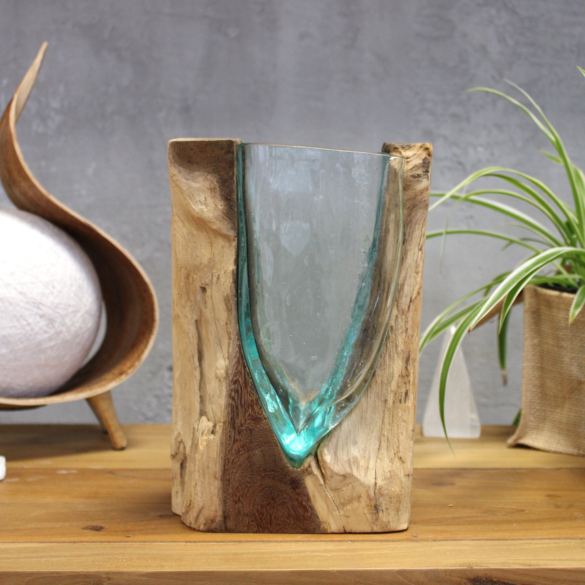 Molton Glass V Shaped Art Vase on Wood for Home Decor