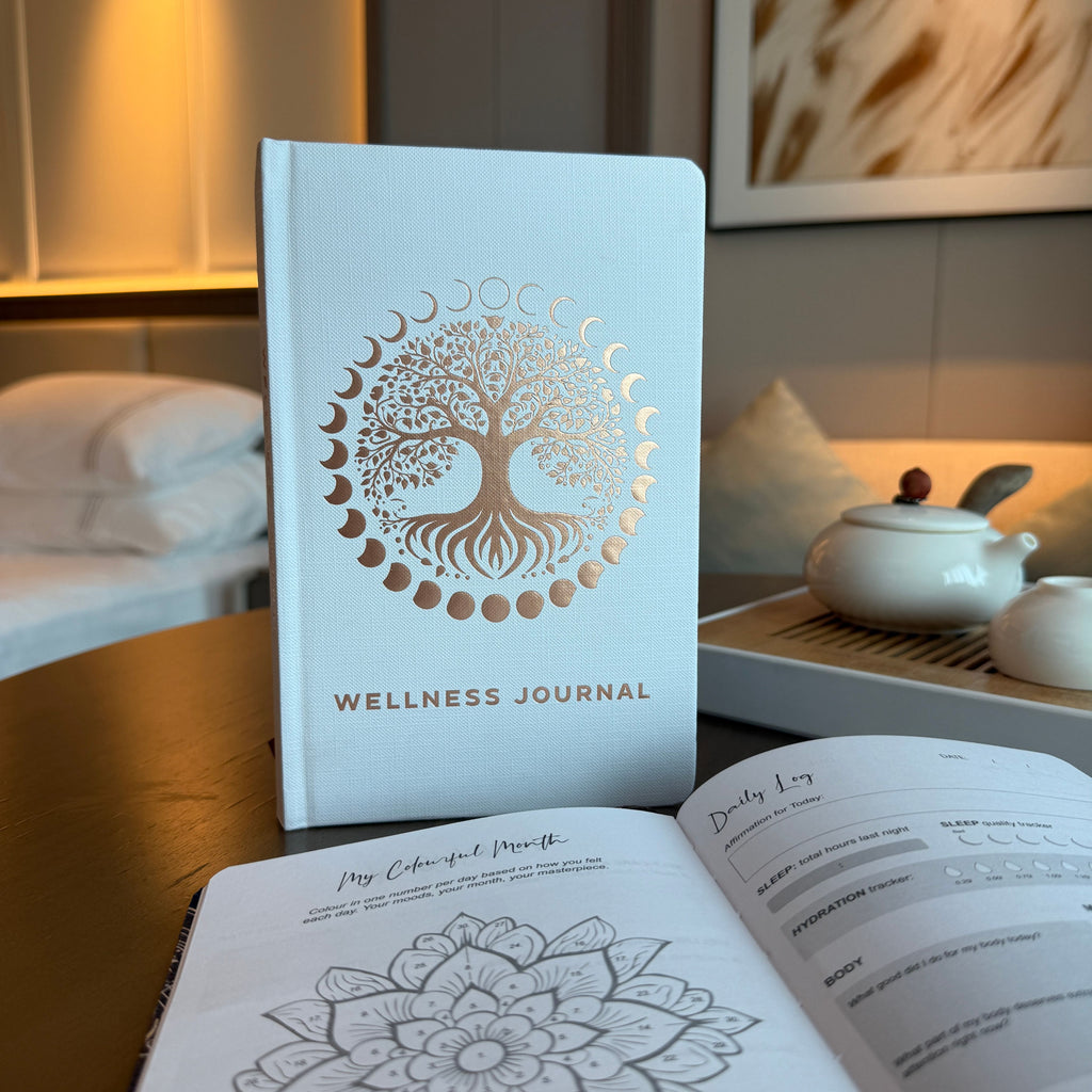 Elegant White Wellness Journal with Rose Gold Tree of Life Design