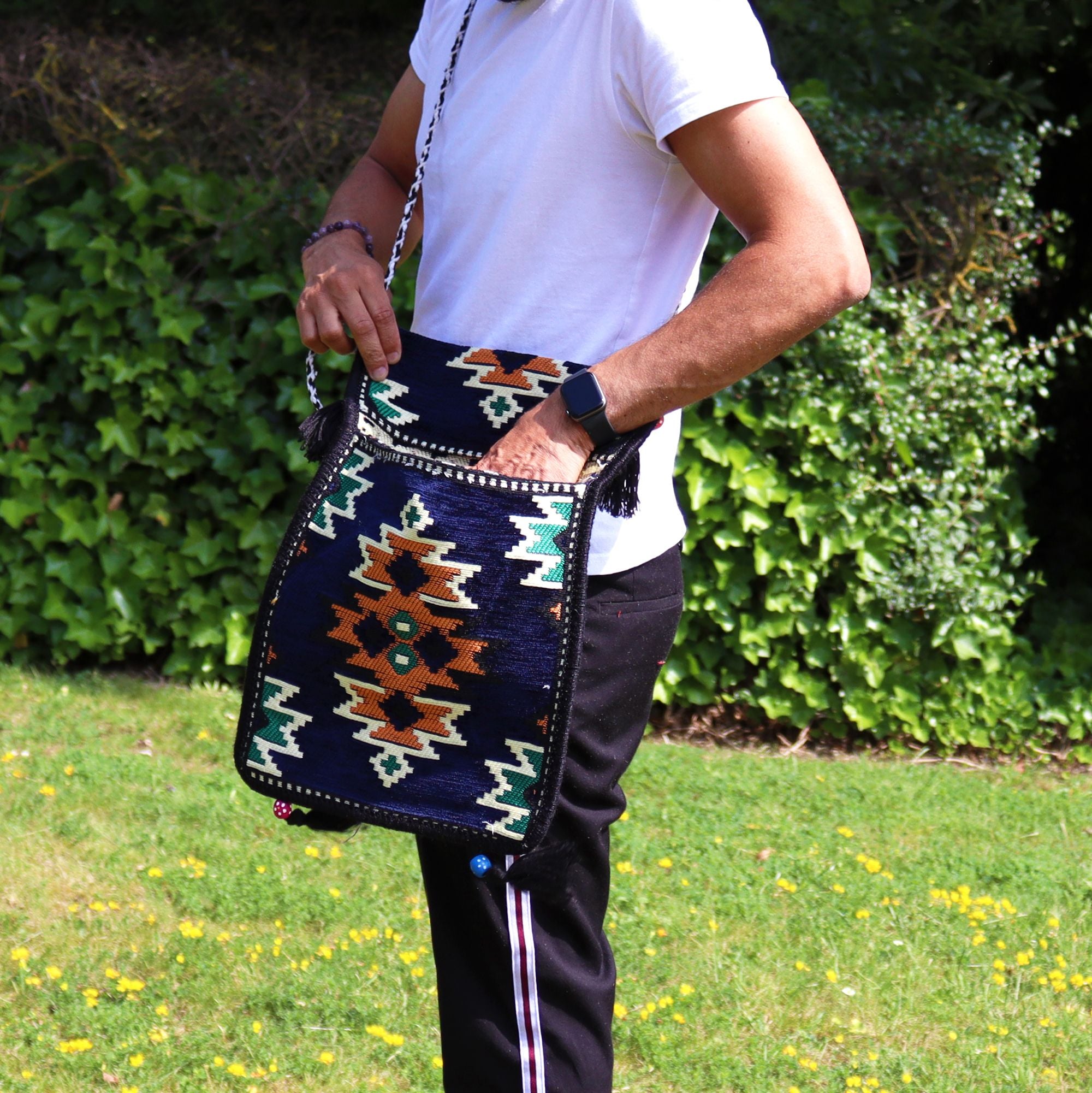 Dark Navy Kilim Messenger Festival Bag for Summer Outings