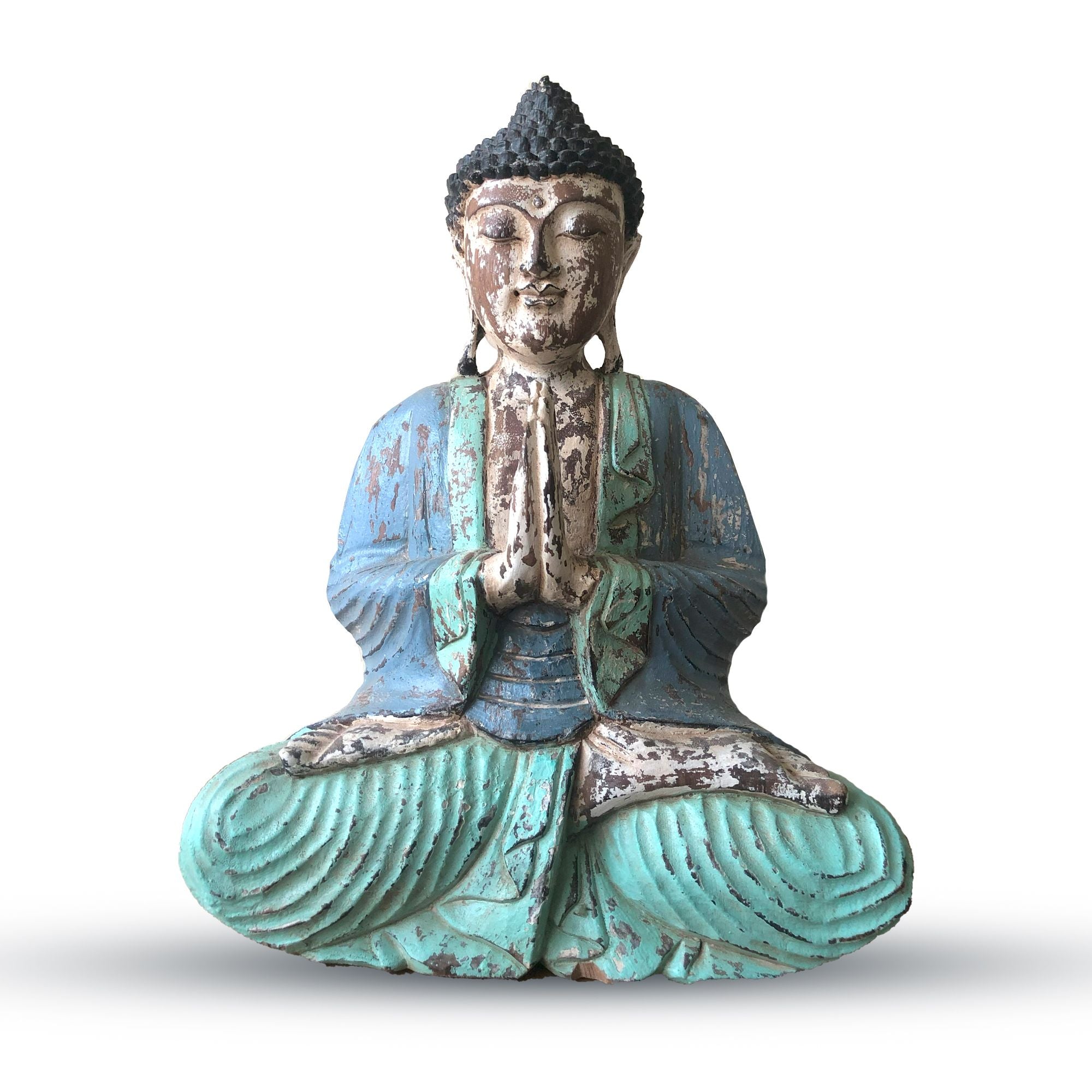 Vintage Blue Mint Hand Carved Buddha Statue 40cm for Home Decor