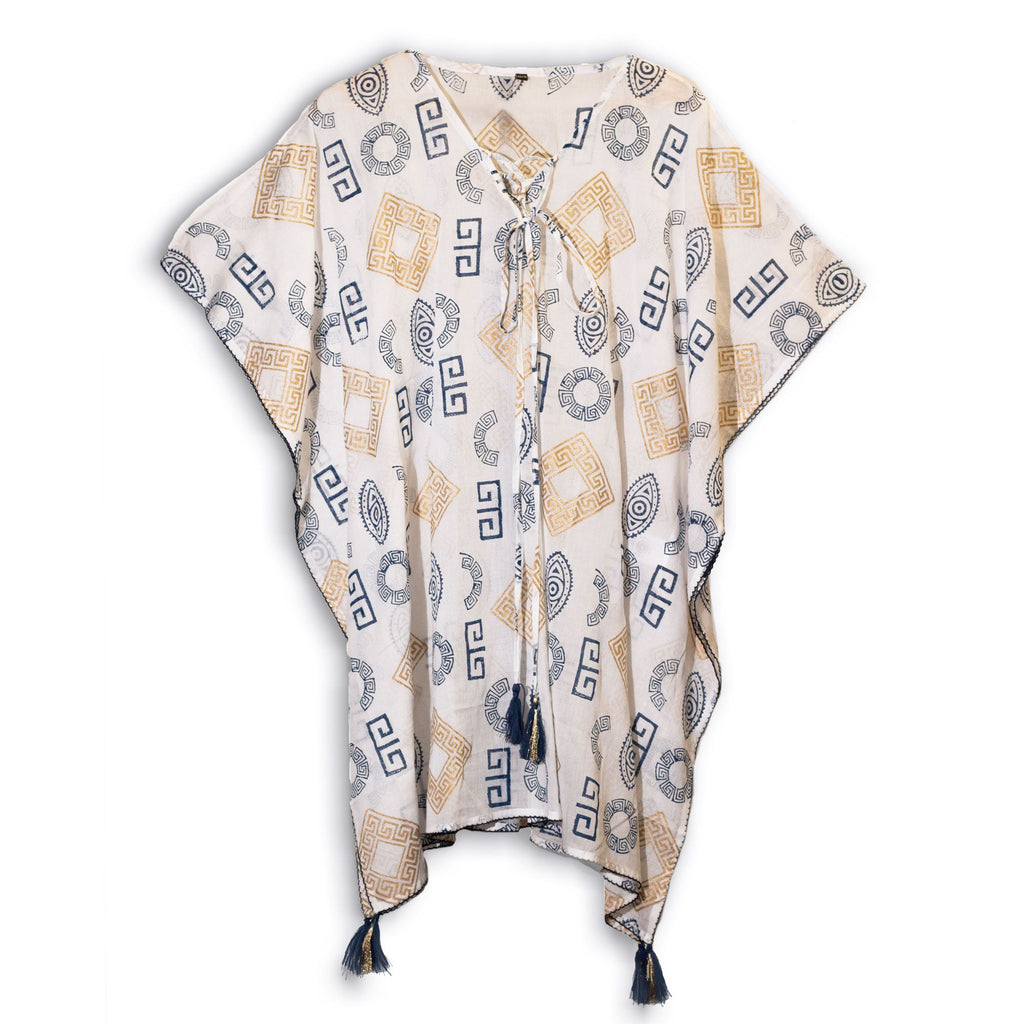 Nomad Sari Kaftan in Blue and Gold with Greek Motif Design