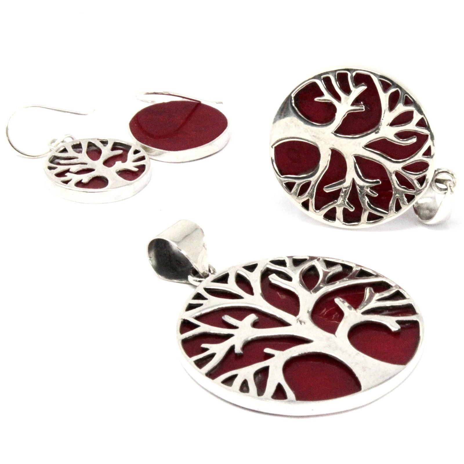 Tree of Life Silver Pendant 22mm with Coral Effect Design