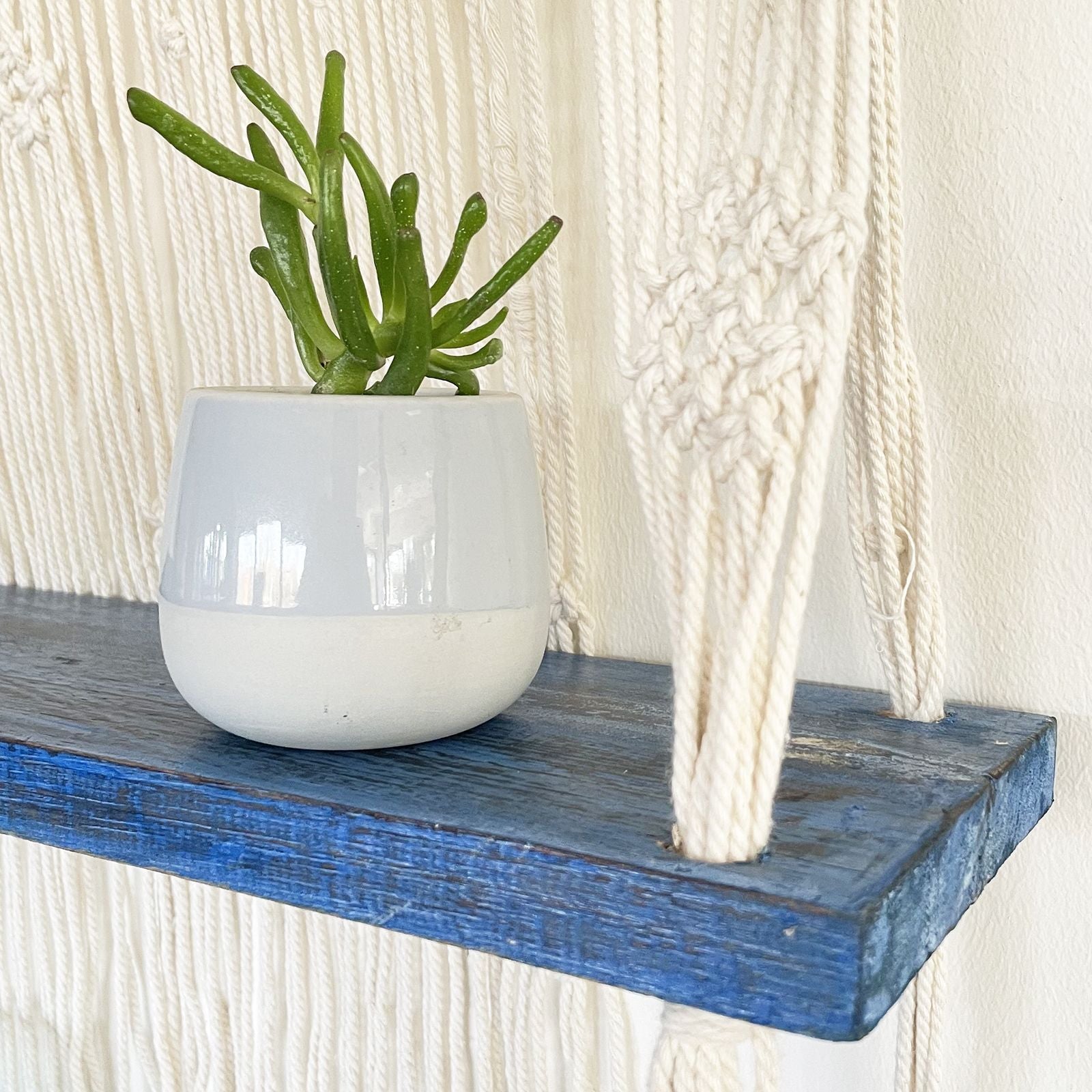 Natural Macrame Hanging Shelves in Blue for Stylish Home Display