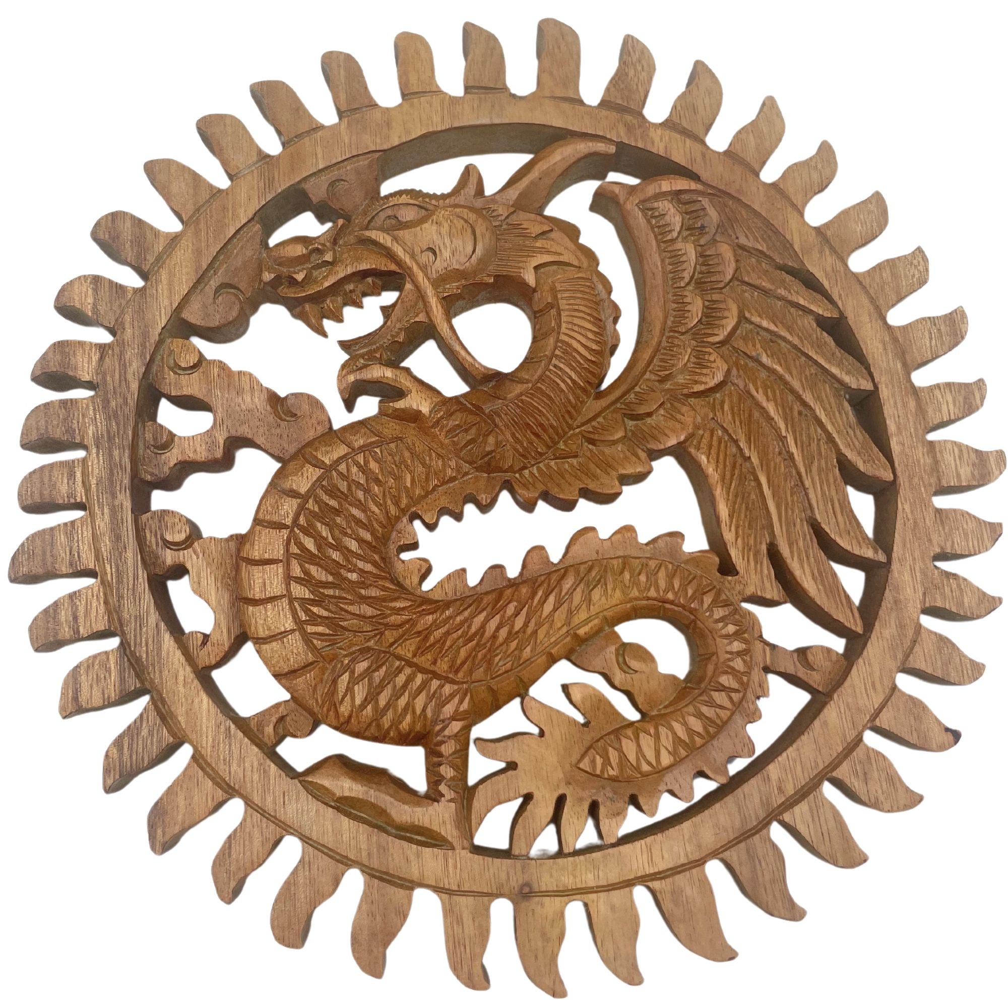 Winged Sun Dragon Plaque Carving for Unique Wall Art Decor