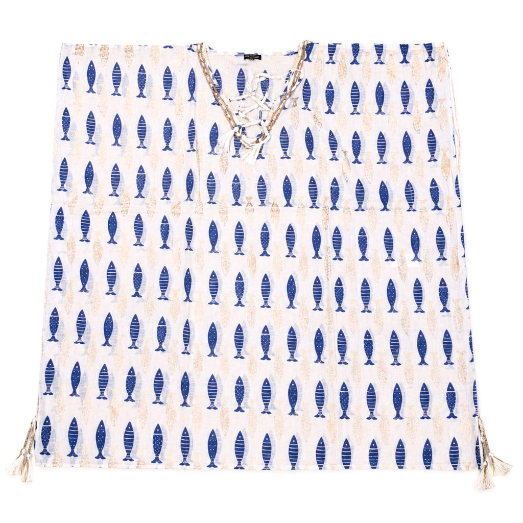 Nomad Sari Kaftan White & Blue Bold Fish Print for Summer Style