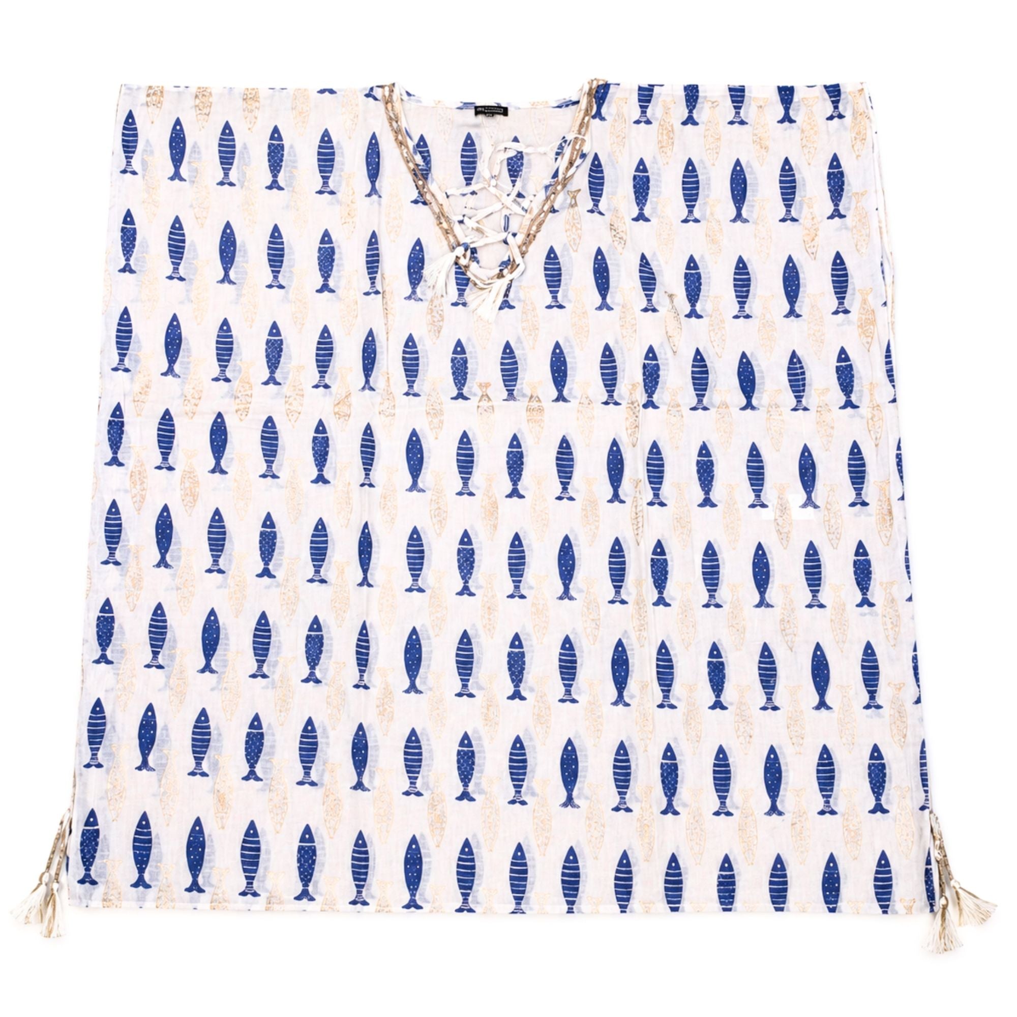 Nomad Sari Kaftan White & Blue Bold Fish Print for Summer Style