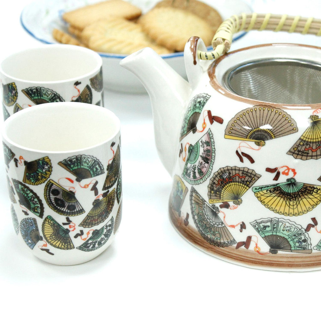 Herbal Teapot Set with China Fans Design and Six Matching Cups
