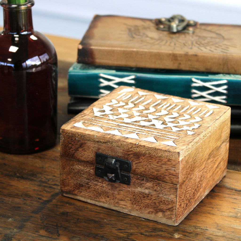 White Washed Wooden Box with Aztec Design for Stylish Storage