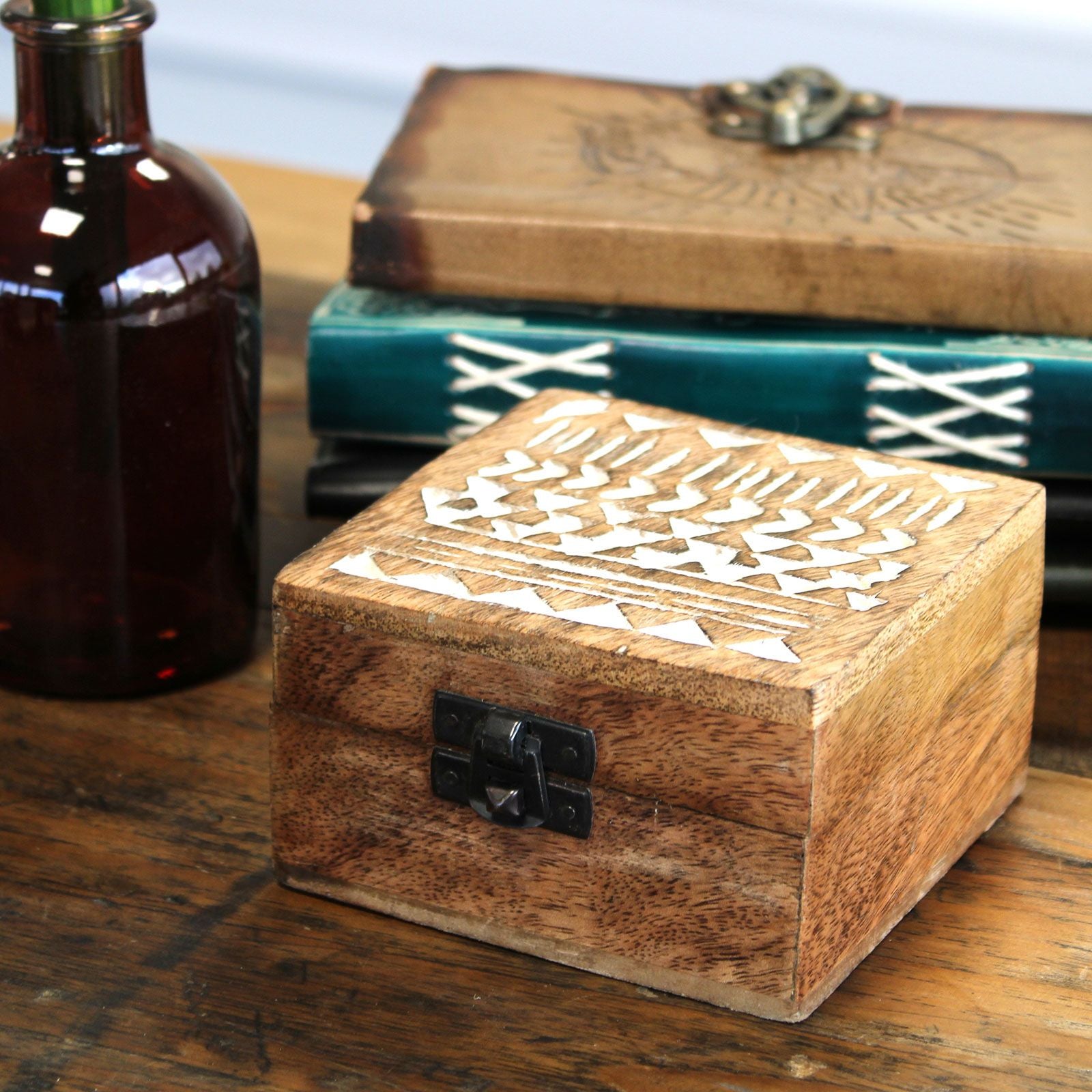 White Washed Wooden Box with Aztec Design for Stylish Storage