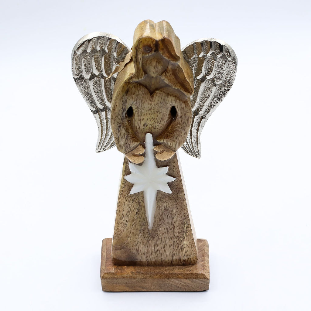 Large Mango Wood Peace Angel with Metal Wings and Enamel Detail