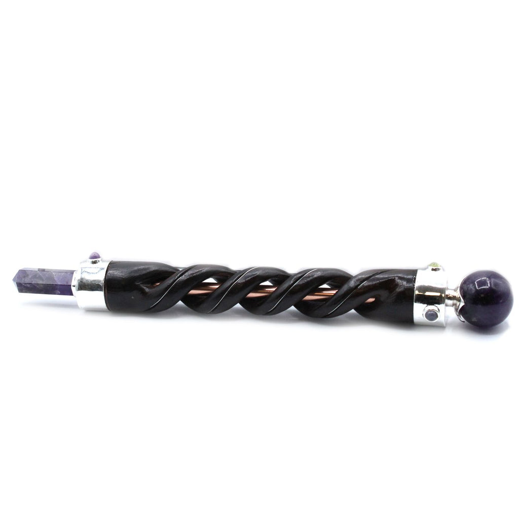 Spiral Carving Healing Wand with Amethyst and Copper Pipe Design