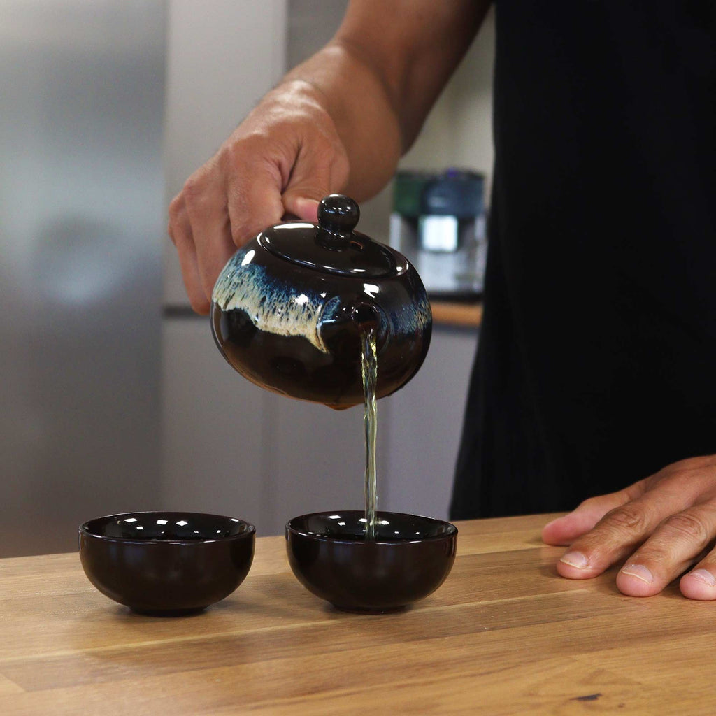 Herbal Black Glaze Teapot Set with Two Elegant Matching Cups