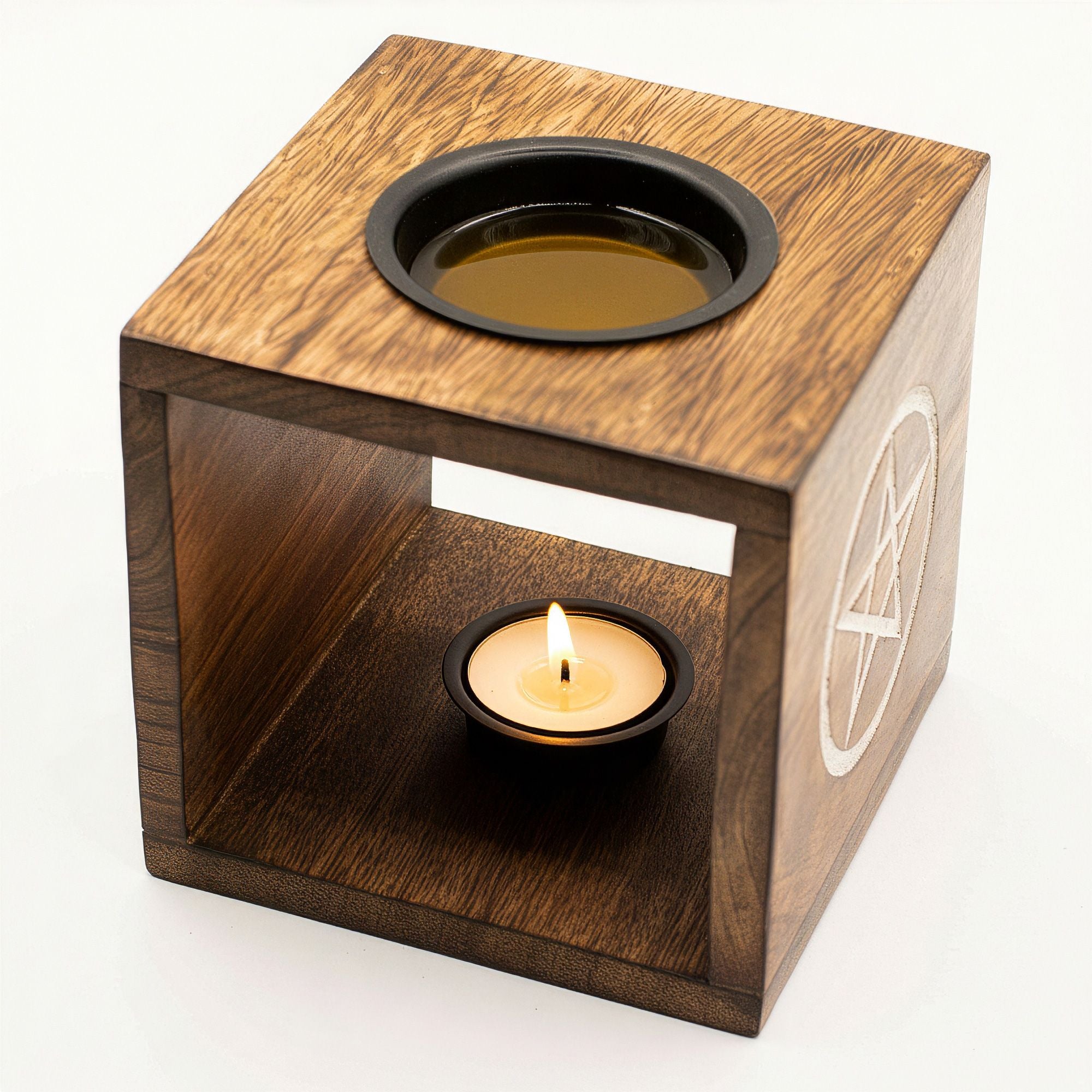 Large Square Mango Wood Oil Burner with Tree of Life Design