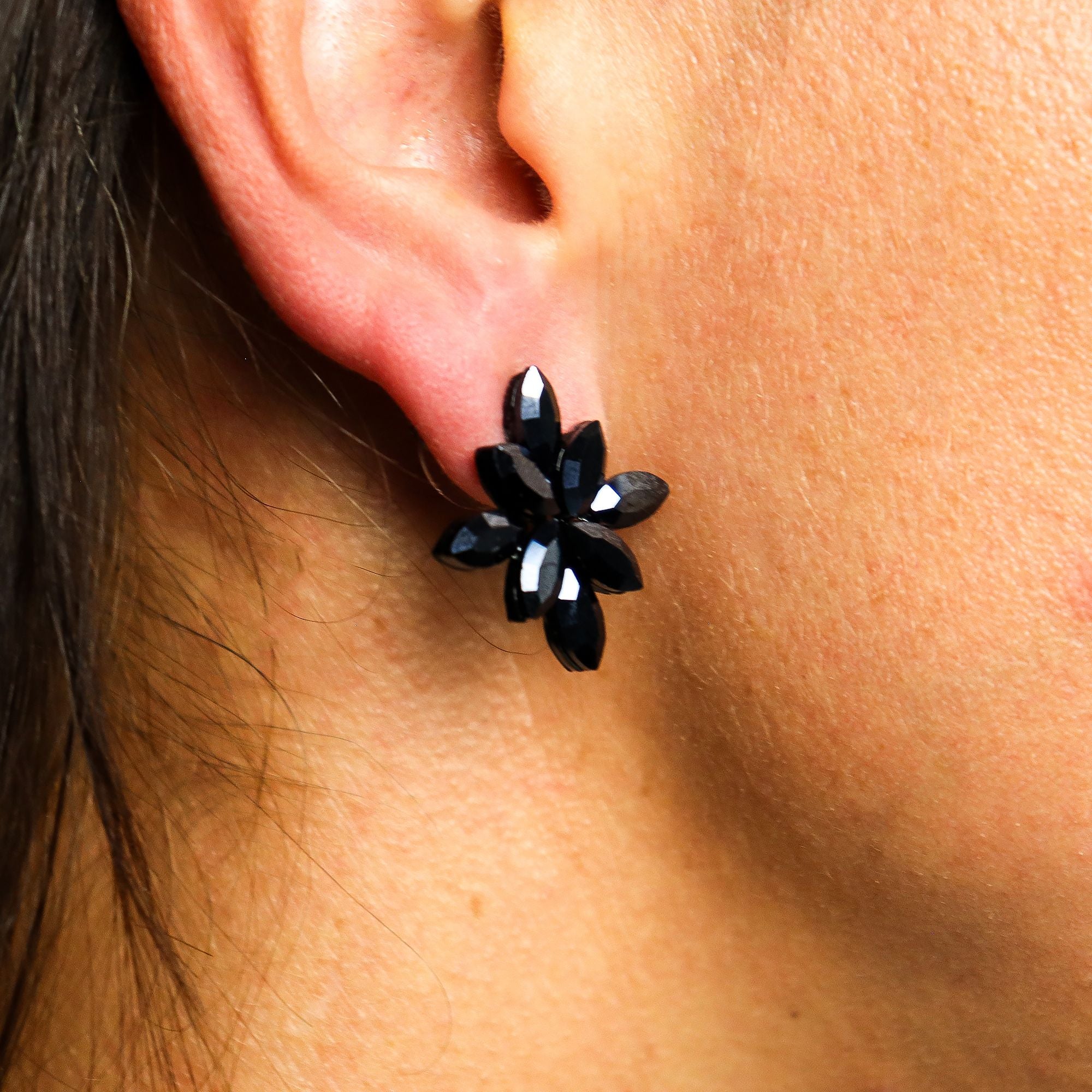 Jet Black Vintage Glass Flower Earrings for Evening Wear Elegance