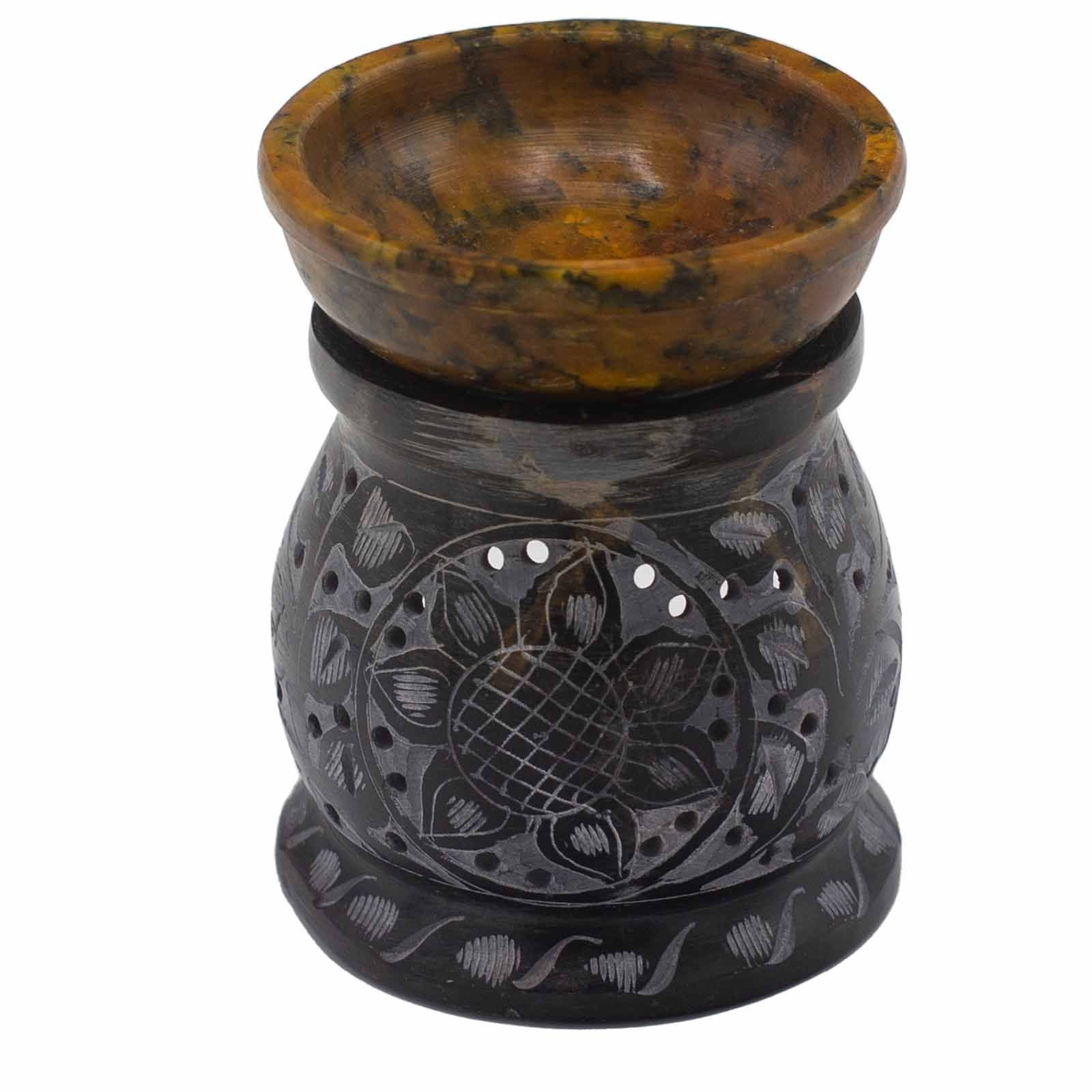 Soapstone Oil Burner 10cm with Mandala Flower Design in Black Yellow