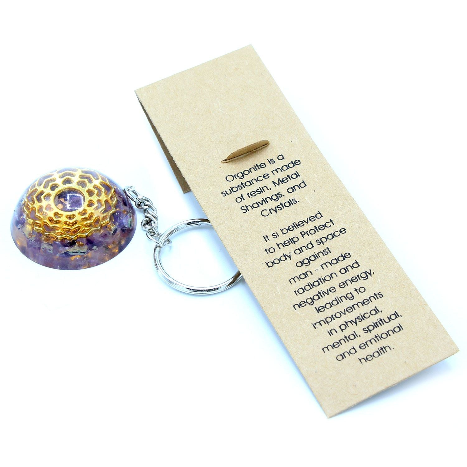 Orgonite Power Keyring with Amethyst Mandala Hearts Design