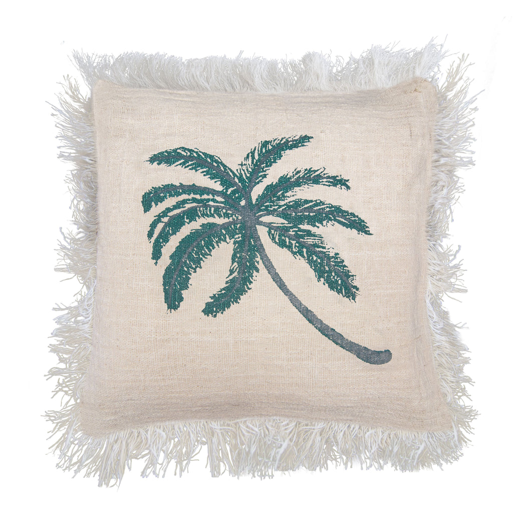 Linen Cushion Cover 60x60cm with Palm Tree and Fringe Design