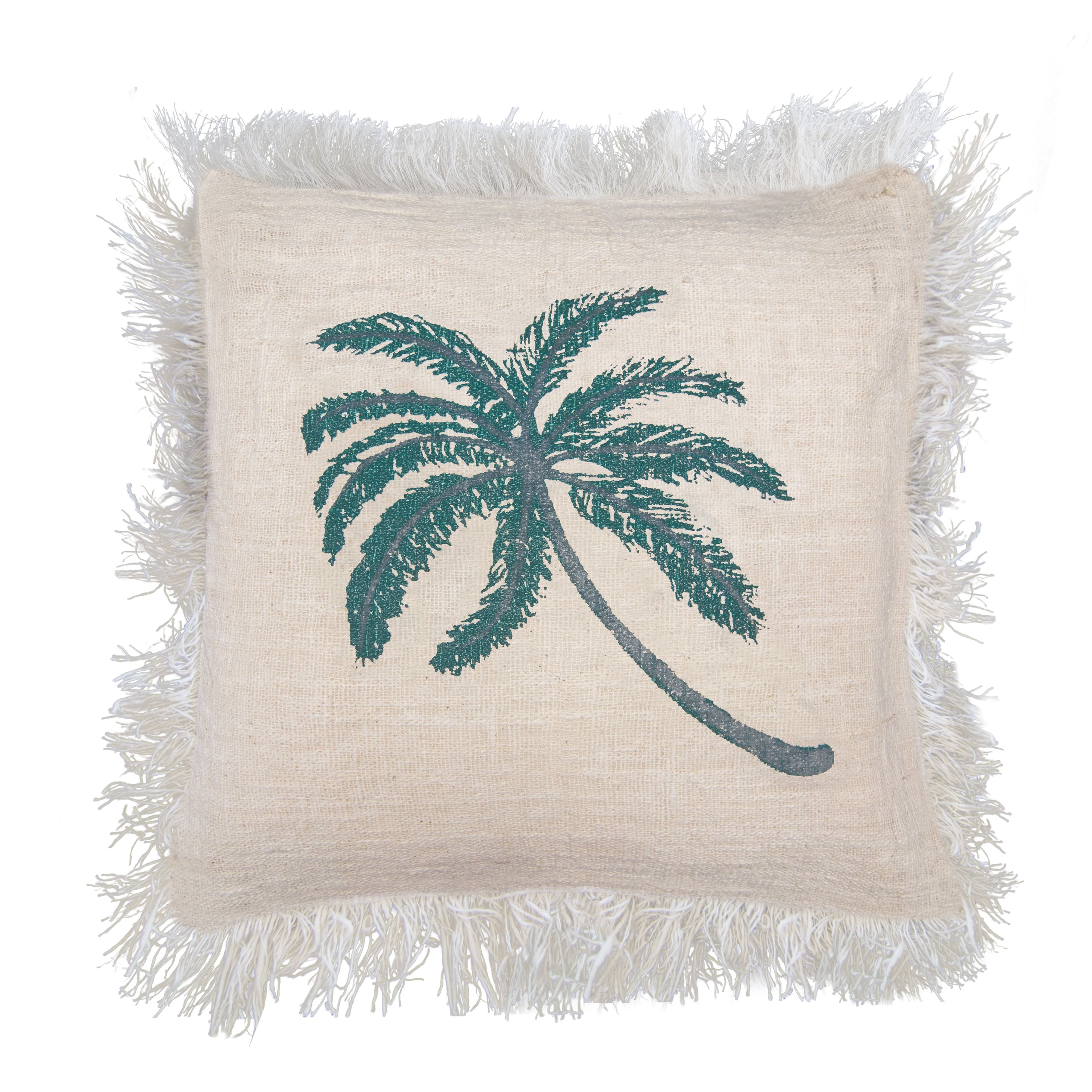 Linen Cushion Cover 60x60cm with Palm Tree and Fringe Design