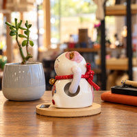 Solar Powered Japanese Lucky Cat on Wooden Base – Pink