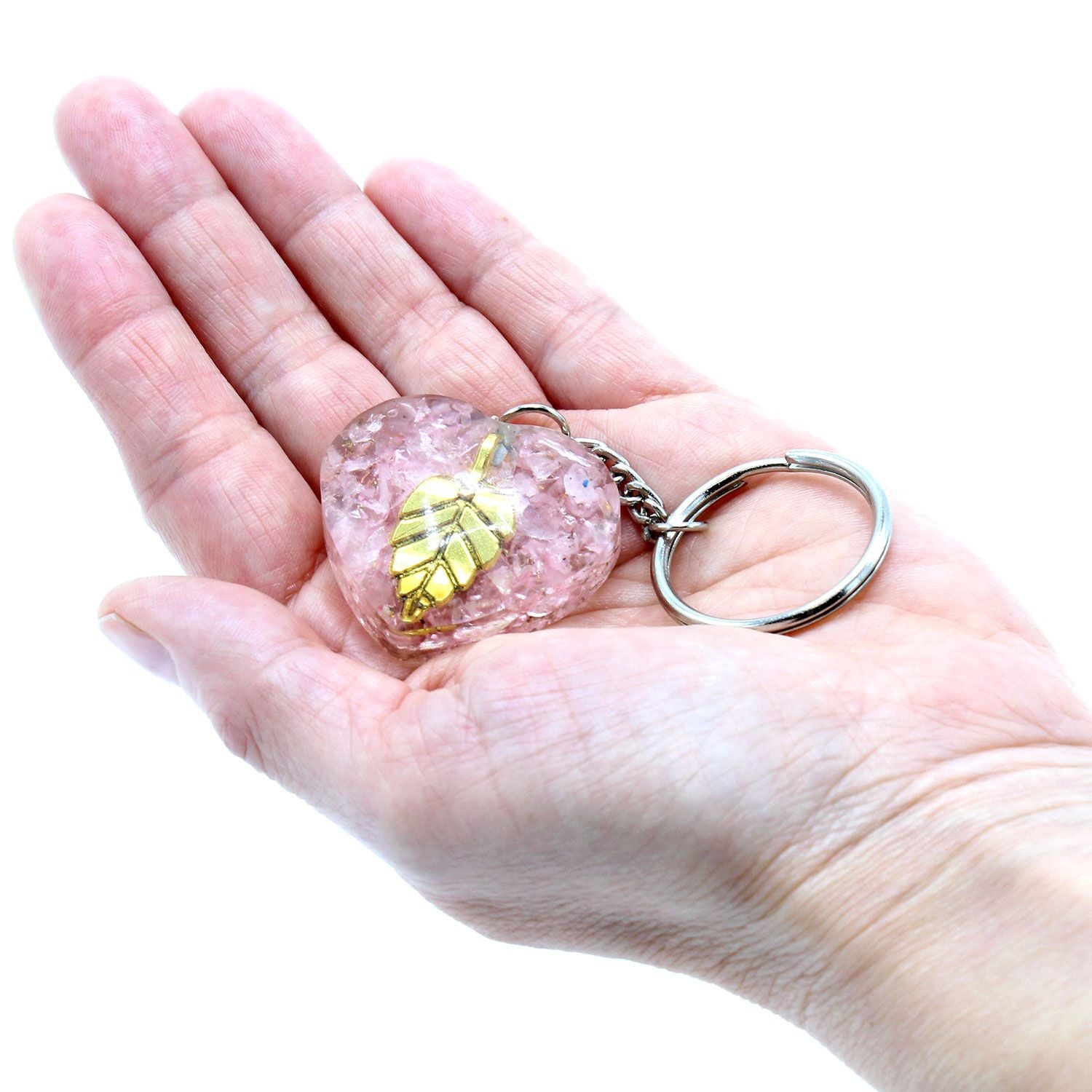 Orgonite Power Keyring with Rose Quartz Hearts and Golden Leaf