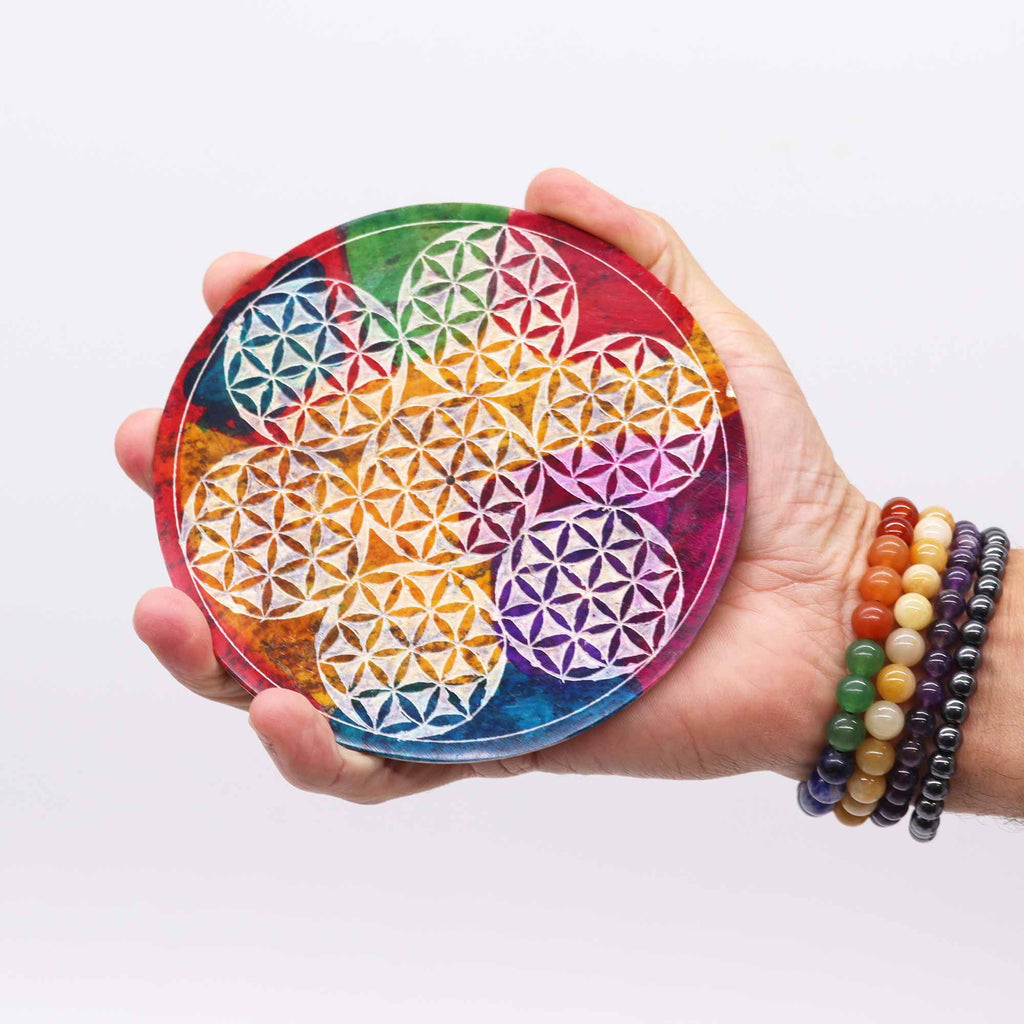 Soapstone Disc Incense Holder with 7 Flower of Life Design