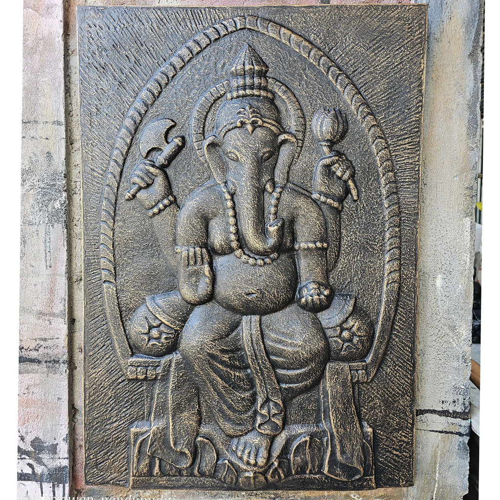 Large Ganpati Iron Frame Antique Gold Relief 0.7x1m Artwork