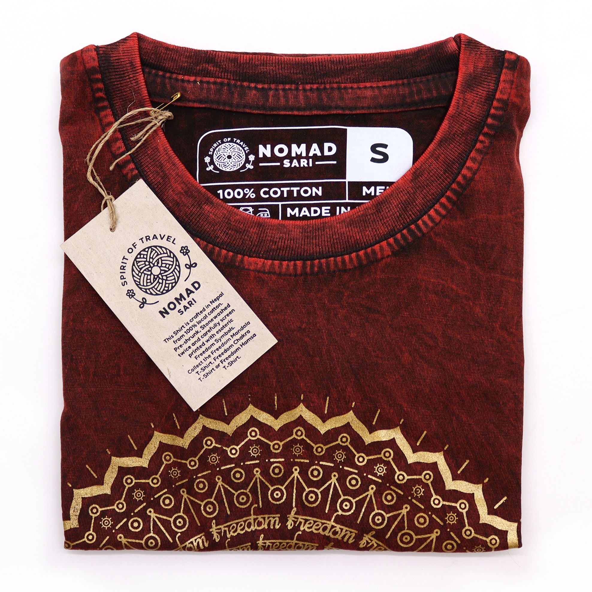 Nomad Sari Stonewashed Cotton T Shirt with Mandala Design in Maroon