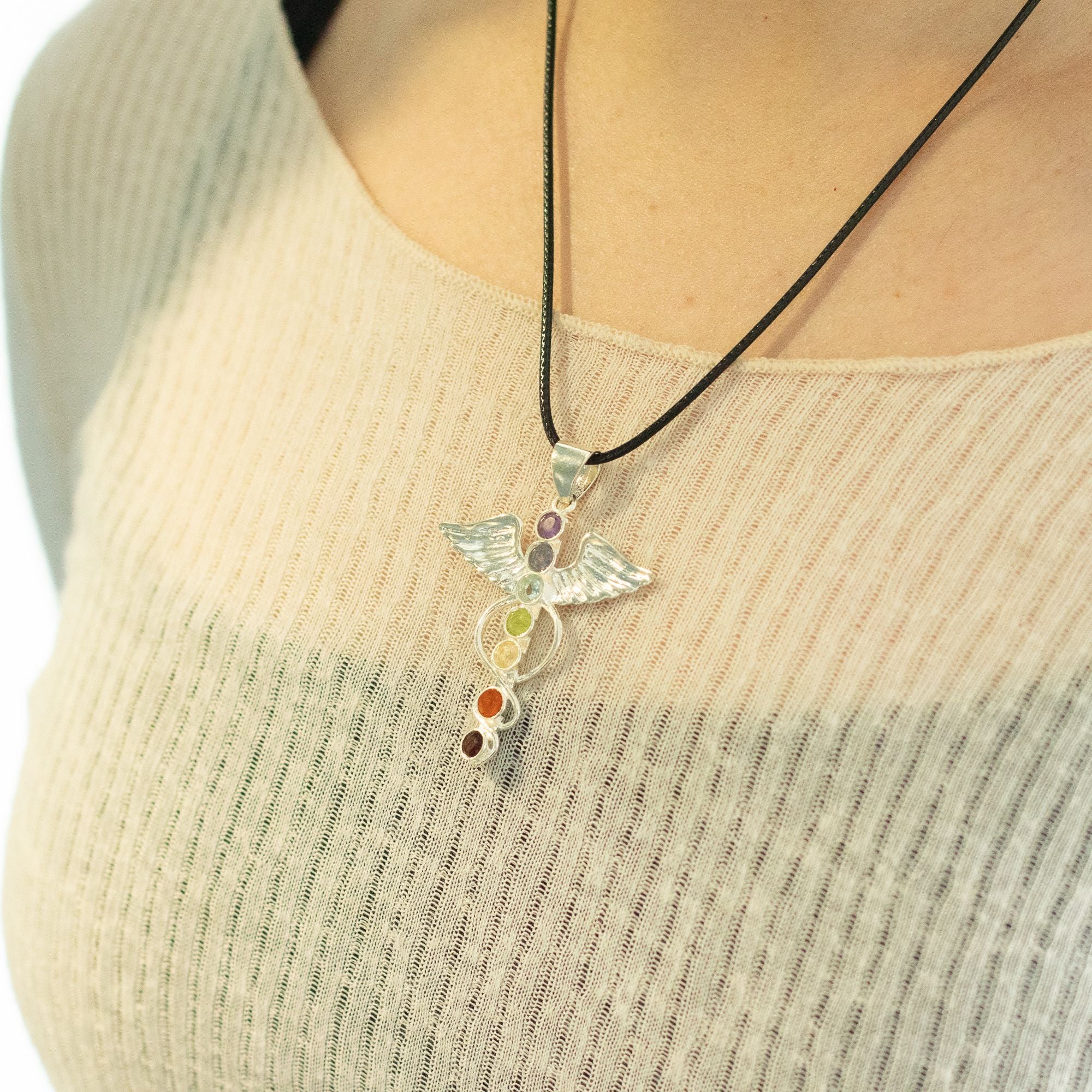 Indian Devotional Pendant with Silver Plated Angel Chakra Design