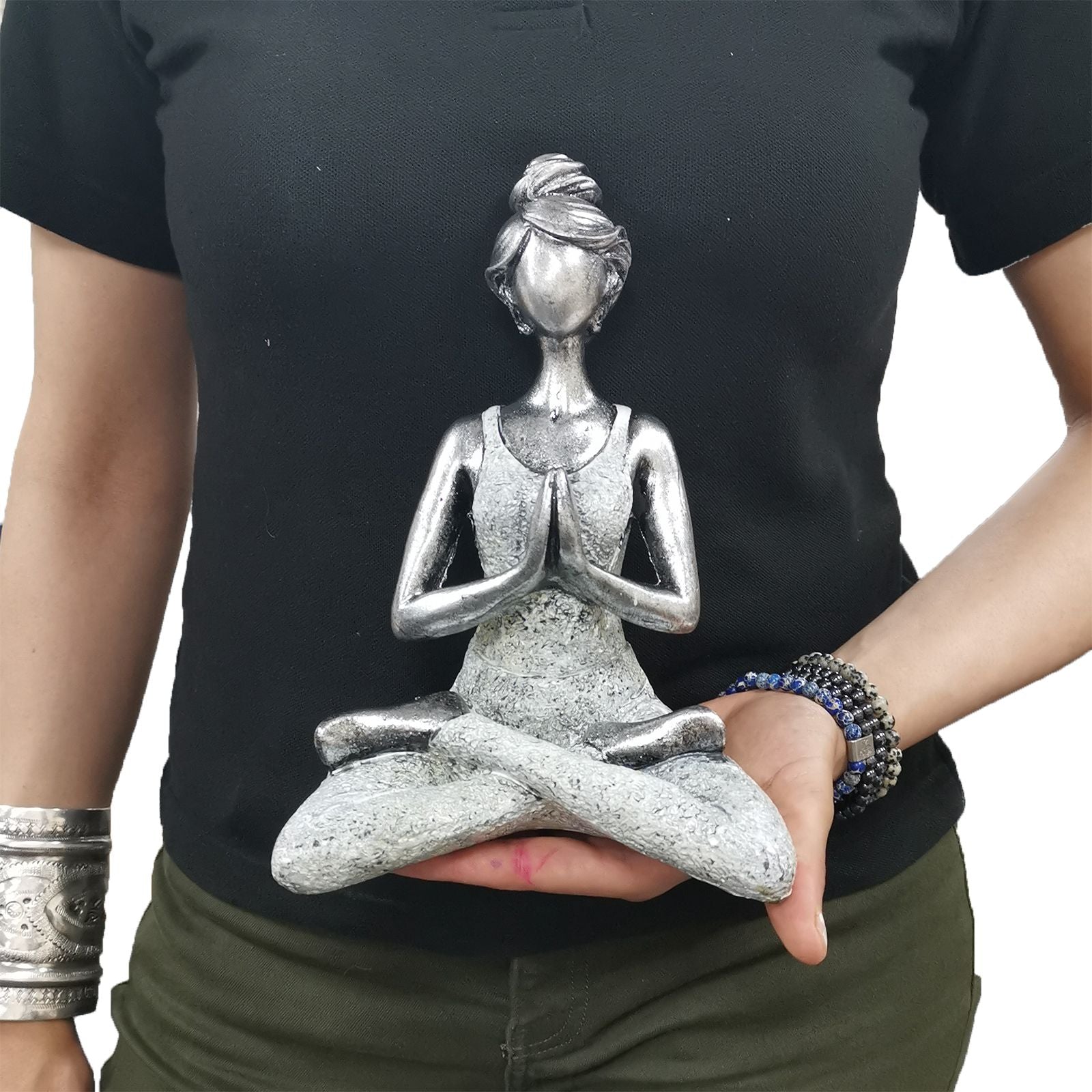 Yoga Lady Figure in Silver and White 24cm for Home Decor Style