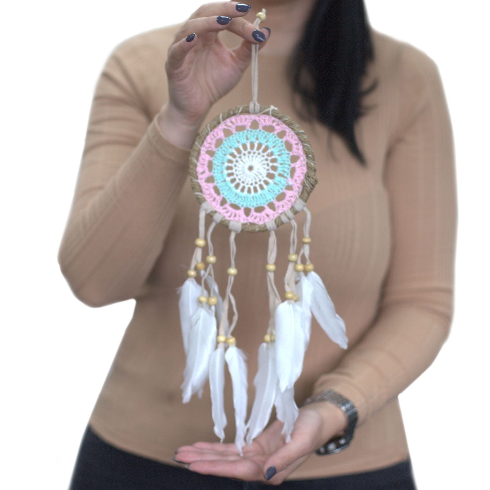 Pastel Pink Macramé Dream Catcher 12cm for Home Decor