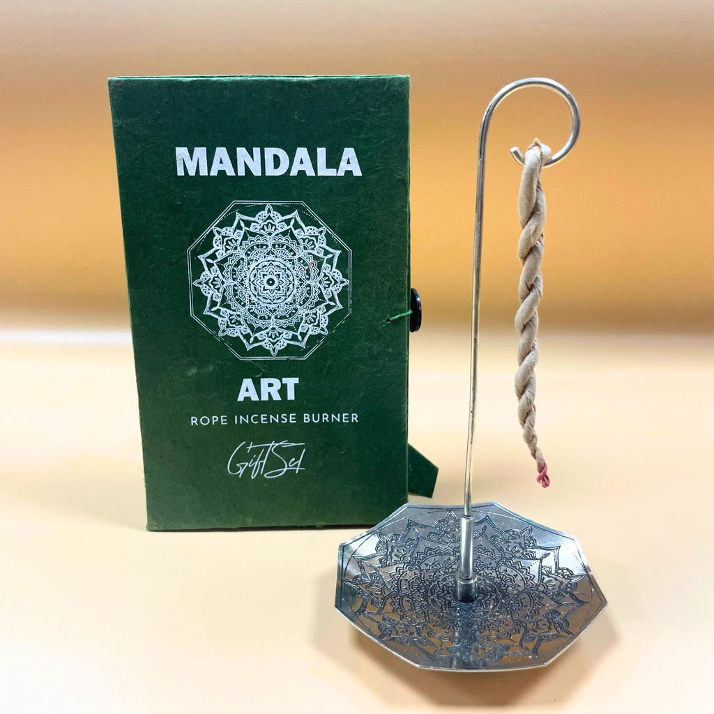 Rope Incense and Silver Plated Holder Set with Mandala Flower Design
