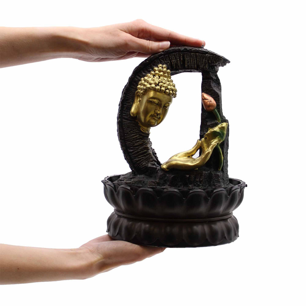 30cm Golden Buddha Tabletop Water Feature with Lotus Design